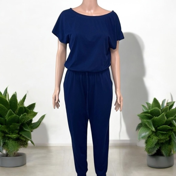 Women's Navy Blue Casual Wide-Neck Elastic Waist Stretch Long Romper Jumpsuit - Picture 12 of 16